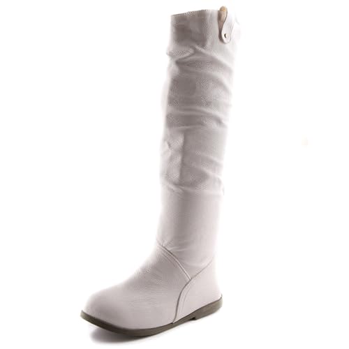 LarDorLin Damen Komfort Knee High Flach Schuhe Stiefel Damen Runde Zehen Winter Warm Ohne Verschluss Klassische Equestrian Riding Booty Bogen Weiß Gr 52 EU (54 Cn) von LarDorLin