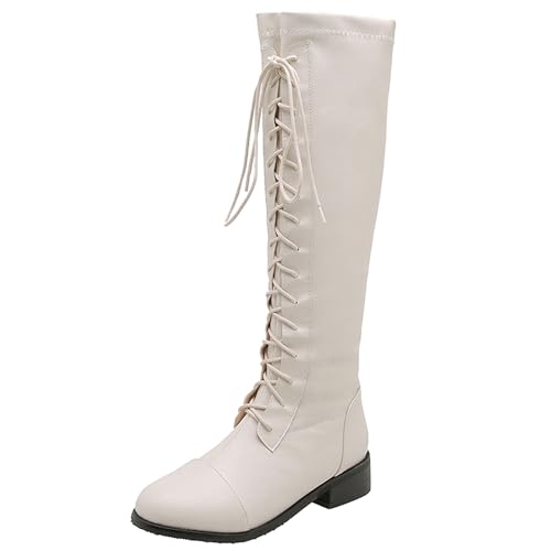 LarDorLin Damen Komfort Military Knee High Schnürstiefel Winter Warm Low Mitte Blockabsatz Mode Runde Zehen Biker Booty Beige Gr 48 EU (50 Cn) von LarDorLin