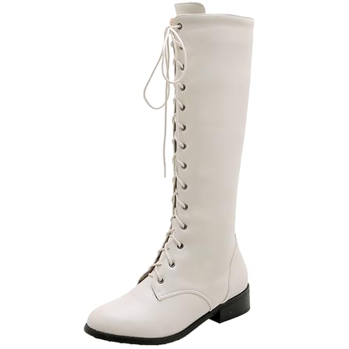 LarDorLin Damen Komfort Military Knee High Schnürstiefel Winter Warm Low Mitte Blockabsatz Mode Runde Zehen Biker Booty Beige Gr 49 EU (51 Cn) von LarDorLin
