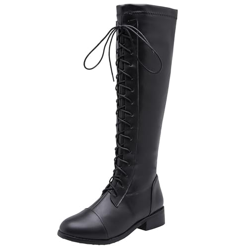 LarDorLin Damen Komfort Military Knee High Schnürstiefel Winter Warm Low Mitte Blockabsatz Mode Runde Zehen Biker Booty Schwarz Gr 48 EU (50 Cn) von LarDorLin