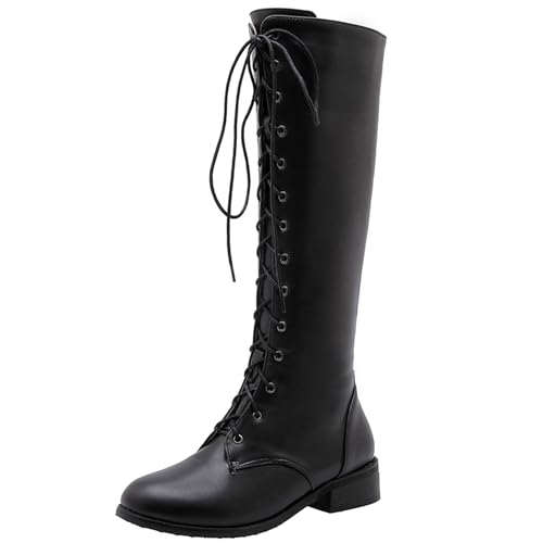 LarDorLin Damen Komfort Military Knee High Schnürstiefel Winter Warm Low Mitte Blockabsatz Mode Runde Zehen Biker Booty Schwarz Gr 52 EU (54 Cn) von LarDorLin