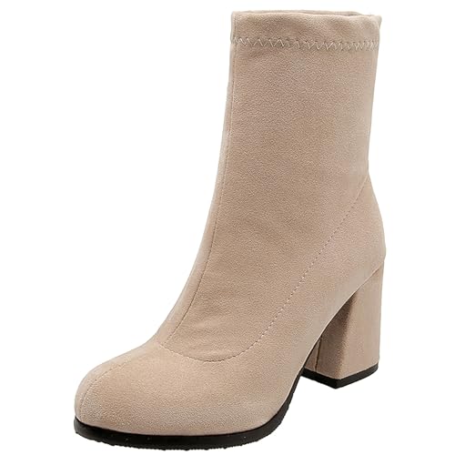 LarDorLin Damen Mode Ohne Verschluss Blockabsatz Wildleder Stretch Stiefel Winter Buro Warm Chunky Kurz Chelsea Stiefeletten Komfort Beige Gr 33 EU von LarDorLin