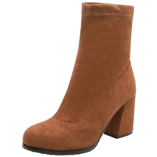 LarDorLin Damen Mode Ohne Verschluss Blockabsatz Wildleder Stretch Stiefel Winter Buro Warm Chunky Kurz Chelsea Stiefeletten Komfort Gelb Gr 36 EU von LarDorLin