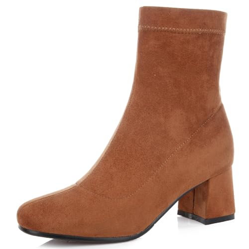 LarDorLin Damen Mode Ohne Verschluss Blockabsatz Wildleder Stretch Stiefel Winter Buro Warm Chunky Kurz Chelsea Stiefeletten Komfort Gelb Gr 36 EU von LarDorLin