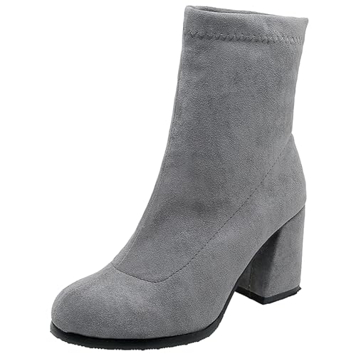 LarDorLin Damen Mode Ohne Verschluss Blockabsatz Wildleder Stretch Stiefel Winter Buro Warm Chunky Kurz Chelsea Stiefeletten Komfort Grau Gr 34 EU von LarDorLin