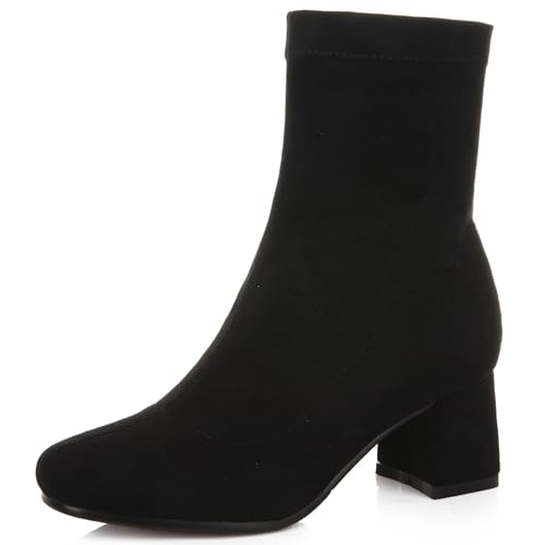 LarDorLin Damen Mode Ohne Verschluss Blockabsatz Wildleder Stretch Stiefel Winter Buro Warm Chunky Kurz Chelsea Stiefeletten Komfort Schwarz Gr 32 EU von LarDorLin