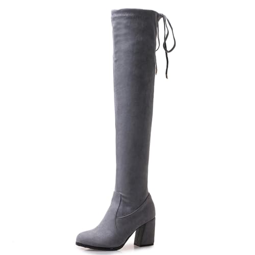 LarDorLin Damen Overknees Stretch Stiefel Block Stiefel Winter Warm Runde Zehen Ohne Verschluss Party Mode Long Booty Wildleder Grau Gr 50 EU (52 Cn) von LarDorLin