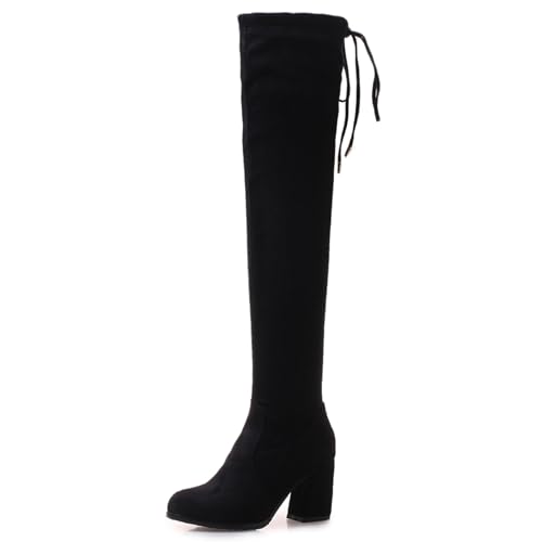 LarDorLin Damen Overknees Stretch Stiefel Block Stiefel Winter Warm Runde Zehen Ohne Verschluss Party Mode Long Booty Wildleder Schwarz Gr 43 EU (45 Cn) von LarDorLin