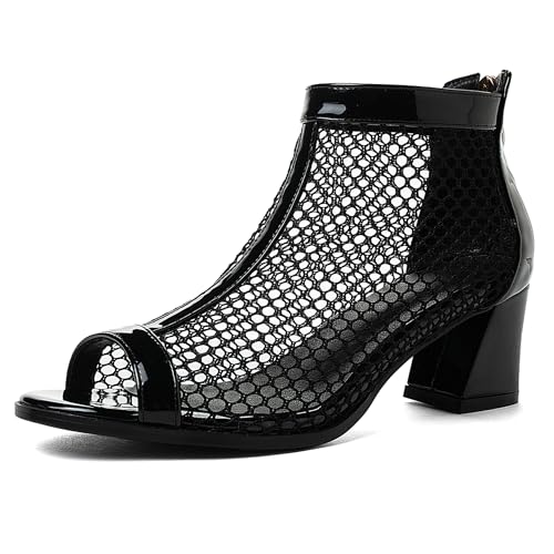 LarDorLin Damen Peep Toe Sommer Blockabsatz Mode Mesh Stiefel Zip Hochzeit Elegant Chelsea Komfort Ankle Stiefeletten Schwarz Gr 49 EU (51 Cn) von LarDorLin