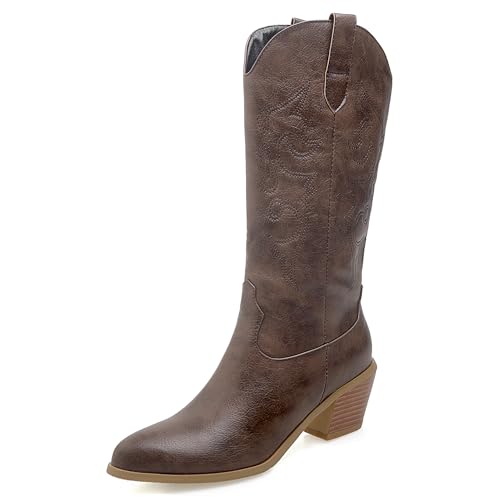 LarDorLin Damen Pointed Toe Bestickt Western Reitstiefel Winter Komfort Blockabsatz Halbschaft Cowboy Stiefeletten Vintage Dark-Braun Gr 36.5 EU (37 Cn) von LarDorLin
