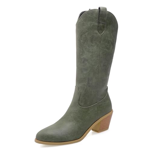 LarDorLin Damen Pointed Toe Bestickt Western Reitstiefel Winter Komfort Blockabsatz Halbschaft Cowboy Stiefeletten Vintage Grün Gr 41 EU (43 Cn) von LarDorLin