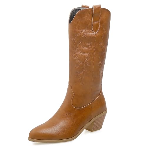 LarDorLin Damen Pointed Toe Bestickt Western Reitstiefel Winter Komfort Blockabsatz Halbschaft Cowboy Stiefeletten Vintage Light-Braun Gr 40 EU (41 Cn) von LarDorLin