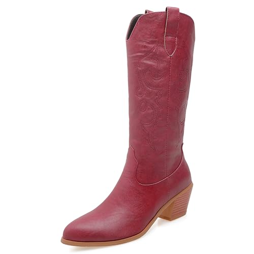 LarDorLin Damen Pointed Toe Bestickt Western Reitstiefel Winter Komfort Blockabsatz Halbschaft Cowboy Stiefeletten Vintage Rotwein Gr 42 EU (44 Cn) von LarDorLin