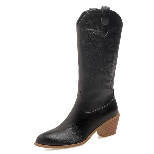 LarDorLin Damen Pointed Toe Bestickt Western Reitstiefel Winter Komfort Blockabsatz Halbschaft Cowboy Stiefeletten Vintage Schwarz Gr 47 EU (49 Cn) von LarDorLin