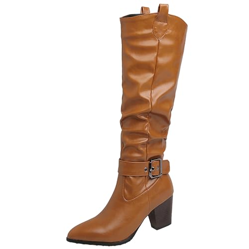 LarDorLin Damen Pointed Toe Slouch Knee High Reitstiefel Winter Buro Arbeit Formal Blockabsatz Mode Western Booty Braun Gr 40.5 EU (42 Cn) von LarDorLin