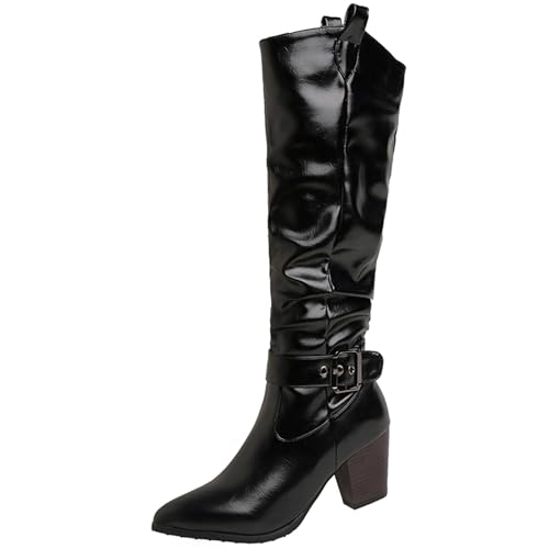 LarDorLin Damen Pointed Toe Slouch Knee High Reitstiefel Winter Buro Arbeit Formal Blockabsatz Mode Western Booty Schwarz Gr 32 EU von LarDorLin