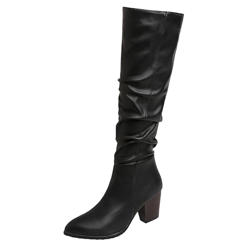 LarDorLin Damen Pointed Toe Slouch Knee High Reitstiefel Winter Buro Arbeit Formal Blockabsatz Mode Western Booty Schwarz Gr 51 EU (53 Cn) von LarDorLin