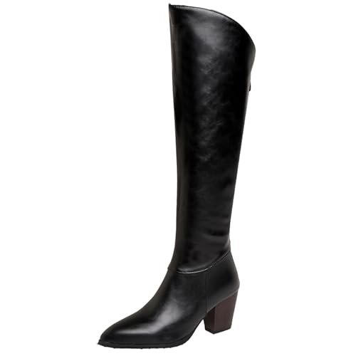 LarDorLin Damen Pointed Toe Slouch Knee High Reitstiefel Winter Buro Arbeit Formal Blockabsatz Mode Western Booty Schwarz Gr 52 EU (54 Cn) von LarDorLin