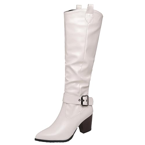 LarDorLin Damen Pointed Toe Slouch Knee High Reitstiefel Winter Buro Arbeit Formal Blockabsatz Mode Western Booty Weiß Gr 36.5 EU (37 Cn) von LarDorLin