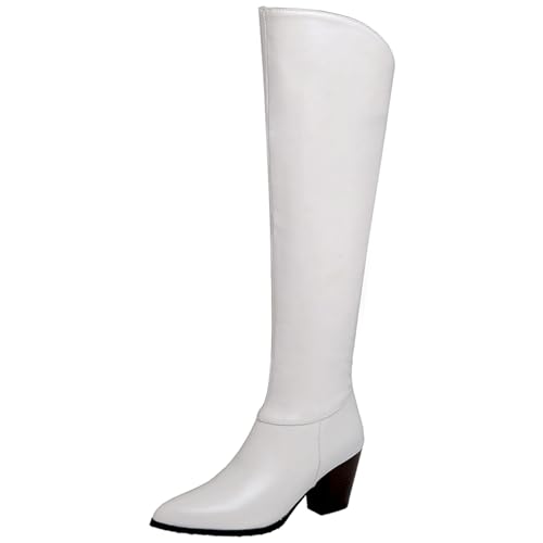 LarDorLin Damen Pointed Toe Slouch Knee High Reitstiefel Winter Buro Arbeit Formal Blockabsatz Mode Western Booty Weiß Gr 39 EU (40 Cn) von LarDorLin