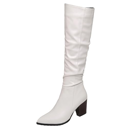 LarDorLin Damen Pointed Toe Slouch Knee High Reitstiefel Winter Buro Arbeit Formal Blockabsatz Mode Western Booty Weiß Gr 41 EU (43 Cn) von LarDorLin