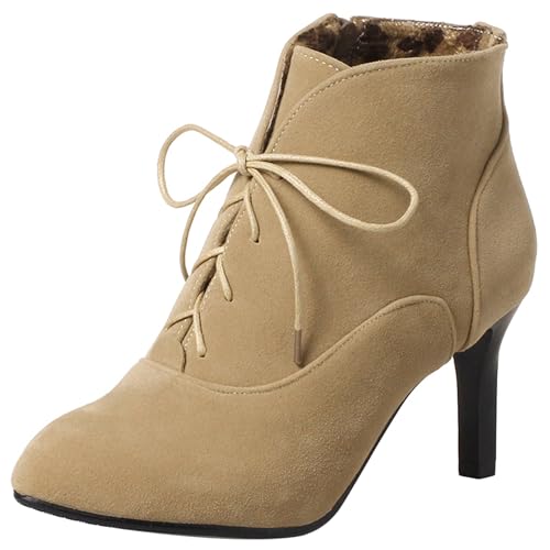 LarDorLin Damen Pointed Toe Stilettos Winter Schnürstiefel Buro Arbeit Formal Warm Ankle Stiefeletten Klassische Höhe Ferse Aprikose Gr 42 EU (44 Cn) von LarDorLin