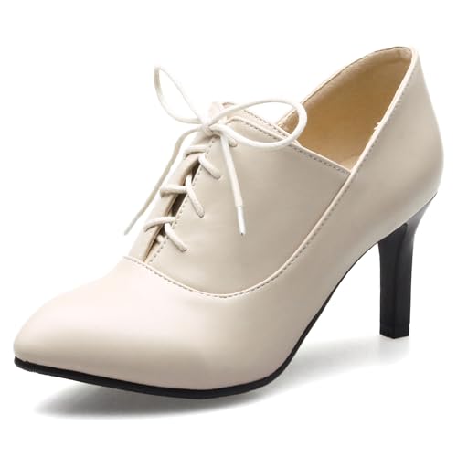 LarDorLin Damen Pointed Toe Stilettos Winter Schnürstiefel Buro Arbeit Formal Warm Ankle Stiefeletten Klassische Höhe Ferse Aprikose Gr 47 EU (49 Cn) von LarDorLin