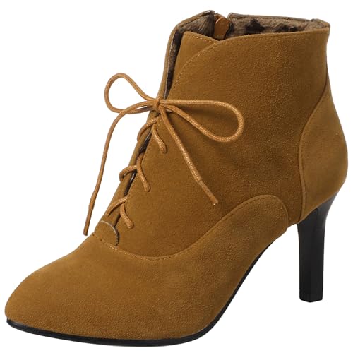 LarDorLin Damen Pointed Toe Stilettos Winter Schnürstiefel Buro Arbeit Formal Warm Ankle Stiefeletten Klassische Höhe Ferse Gelb Gr 36.5 EU (37 Cn) von LarDorLin