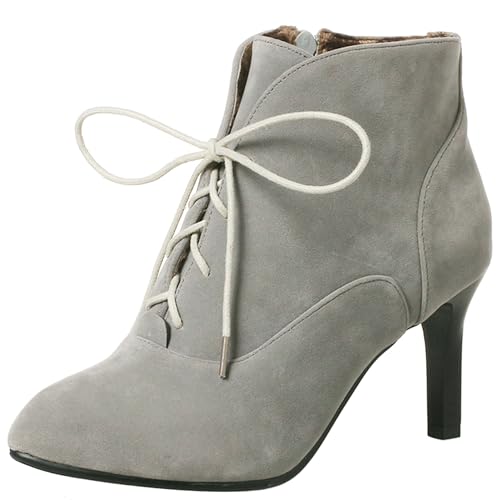 LarDorLin Damen Pointed Toe Stilettos Winter Schnürstiefel Buro Arbeit Formal Warm Ankle Stiefeletten Klassische Höhe Ferse Grau Gr 35 EU von LarDorLin