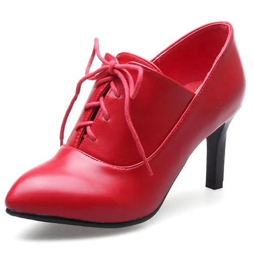 LarDorLin Damen Pointed Toe Stilettos Winter Schnürstiefel Buro Arbeit Formal Warm Ankle Stiefeletten Klassische Höhe Ferse Rot Gr 40.5 EU (42 Cn) von LarDorLin