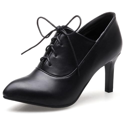 LarDorLin Damen Pointed Toe Stilettos Winter Schnürstiefel Buro Arbeit Formal Warm Ankle Stiefeletten Klassische Höhe Ferse Schwarz Gr 35 EU von LarDorLin