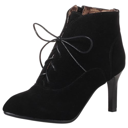 LarDorLin Damen Pointed Toe Stilettos Winter Schnürstiefel Buro Arbeit Formal Warm Ankle Stiefeletten Klassische Höhe Ferse Schwarz Gr 36 EU von LarDorLin