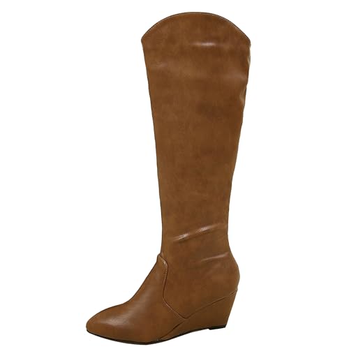 LarDorLin Damen Pointed Toe Winter Knee High Keilabsatz Stiefel Vintage Equestrian Warm Cowboy Zip Riding Booty Draußen Braun Gr 36 EU von LarDorLin