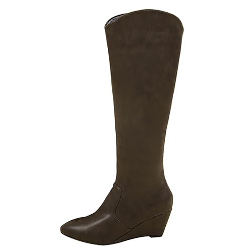 LarDorLin Damen Pointed Toe Winter Knee High Keilabsatz Stiefel Vintage Equestrian Warm Cowboy Zip Riding Booty Draußen Khaki Gr 40.5 EU (42 Cn) von LarDorLin