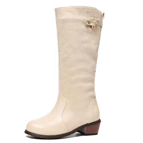 LarDorLin Damen Runde Zehen Draußen Equestrian Reitstiefel Komfort Winter Warm Low Mitte Blockabsatz Klassische Booty Beige Gr 51 EU (53 Cn) von LarDorLin