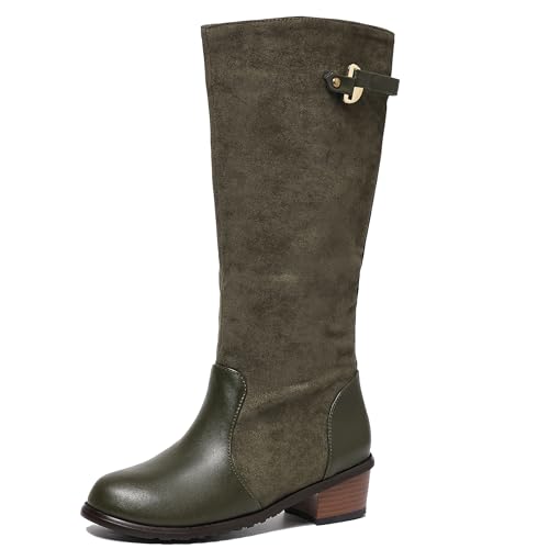 LarDorLin Damen Runde Zehen Draußen Equestrian Reitstiefel Komfort Winter Warm Low Mitte Blockabsatz Klassische Booty Grün Gr 36 EU von LarDorLin