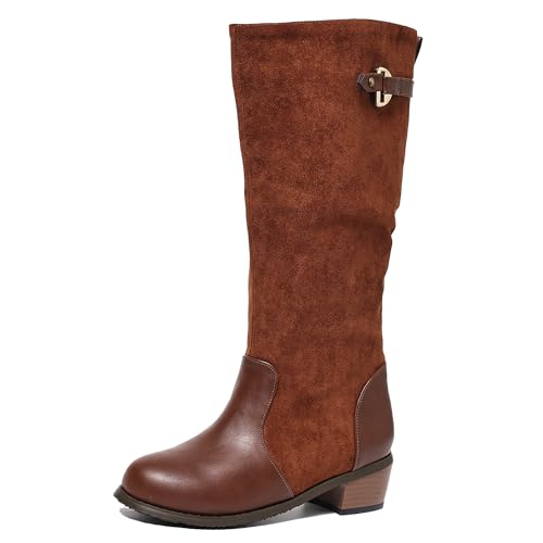 LarDorLin Damen Runde Zehen Draußen Equestrian Reitstiefel Komfort Winter Warm Low Mitte Blockabsatz Klassische Booty Light-Braun Gr 43 EU (45 Cn) von LarDorLin
