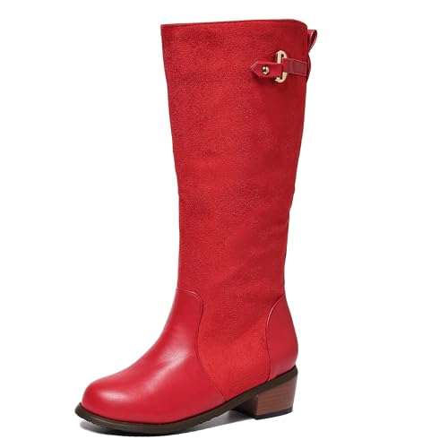 LarDorLin Damen Runde Zehen Draußen Equestrian Reitstiefel Komfort Winter Warm Low Mitte Blockabsatz Klassische Booty Rot Gr 52 EU (54 Cn) von LarDorLin