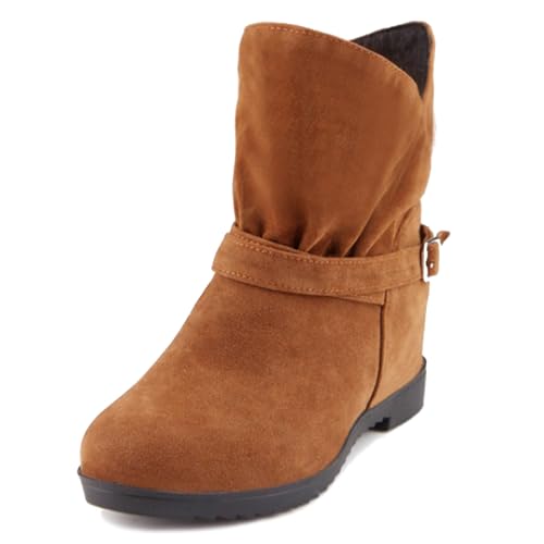 LarDorLin Damen Runde Zehen Ohne Verschluss Winter Keilabsatz Stiefel Komfort Warm Chelsea Klassische Stiefeletten Schnalle Braun Gr 40.5 EU (42 Cn) von LarDorLin