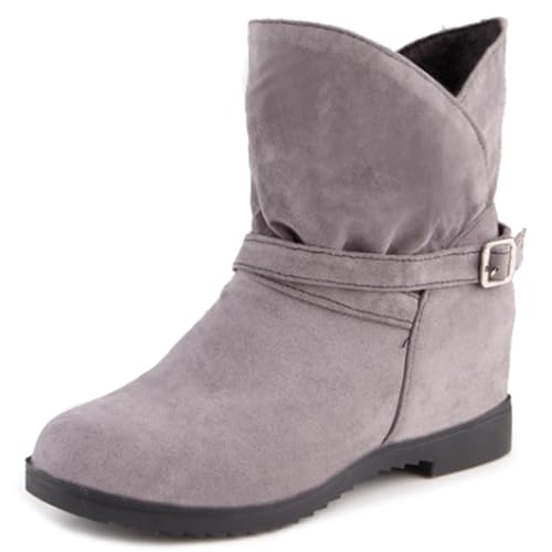 LarDorLin Damen Runde Zehen Ohne Verschluss Winter Keilabsatz Stiefel Komfort Warm Chelsea Klassische Stiefeletten Schnalle Grau Gr 51 EU (53 Cn) von LarDorLin