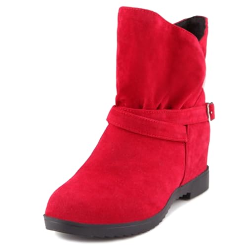 LarDorLin Damen Runde Zehen Ohne Verschluss Winter Keilabsatz Stiefel Komfort Warm Chelsea Klassische Stiefeletten Schnalle Rot Gr 36 EU von LarDorLin