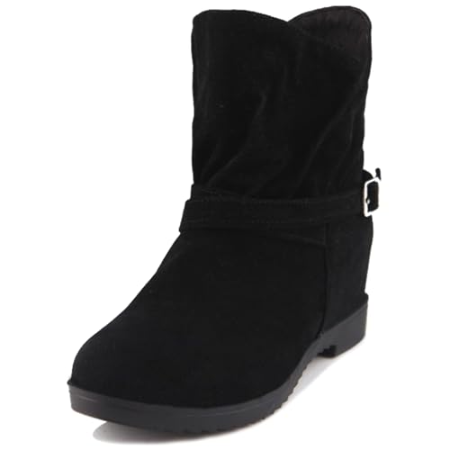 LarDorLin Damen Runde Zehen Ohne Verschluss Winter Keilabsatz Stiefel Komfort Warm Chelsea Klassische Stiefeletten Schnalle Schwarz Gr 41 EU (43 Cn) von LarDorLin