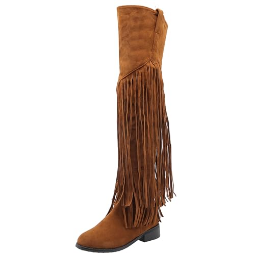 LarDorLin Damen Runde Zehen Overknees Fransen Stiefel Komfort Ohne Verschluss Winter Warm Low Mitte Blockabsatz Vintage Long Booty Braun Gr 36.5 EU (37 Cn) von LarDorLin