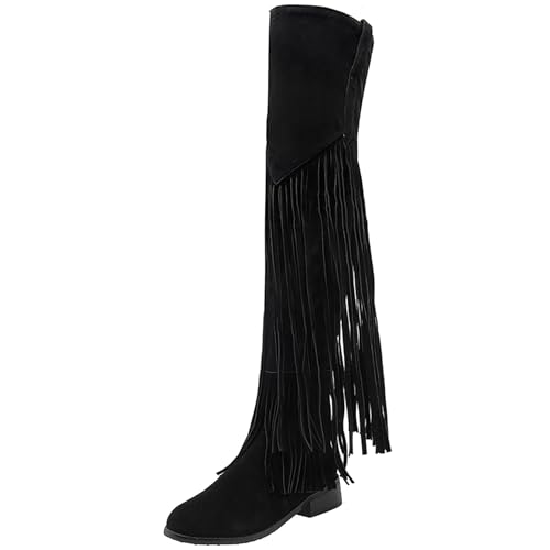 LarDorLin Damen Runde Zehen Overknees Fransen Stiefel Komfort Ohne Verschluss Winter Warm Low Mitte Blockabsatz Vintage Long Booty Schwarz Gr 49 EU (51 Cn) von LarDorLin