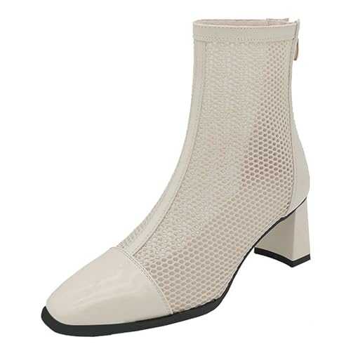 LarDorLin Damen Sommer Elegant Square Toe Mesh Stiefel Hochzeit Blockabsatz Mode Chelsea Zip Riding Booty Beige/Ankle Gr 36.5 EU (37 Cn) von LarDorLin