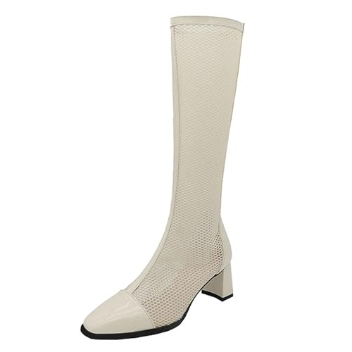 LarDorLin Damen Sommer Elegant Square Toe Mesh Stiefel Hochzeit Blockabsatz Mode Chelsea Zip Riding Booty Beige/Knee Gr 34 EU von LarDorLin