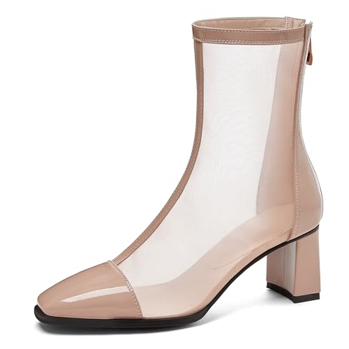 LarDorLin Damen Sommer Elegant Square Toe Mesh Stiefel Hochzeit Blockabsatz Mode Chelsea Zip Riding Booty Nude/Ankle Gr 32 EU von LarDorLin