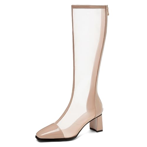 LarDorLin Damen Sommer Elegant Square Toe Mesh Stiefel Hochzeit Blockabsatz Mode Chelsea Zip Riding Booty Nude/Knee Gr 36 EU von LarDorLin