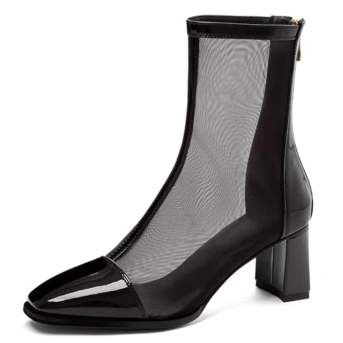 LarDorLin Damen Sommer Elegant Square Toe Mesh Stiefel Hochzeit Blockabsatz Mode Chelsea Zip Riding Booty Schwarz/Ankle Gr 40 EU (41 Cn) von LarDorLin