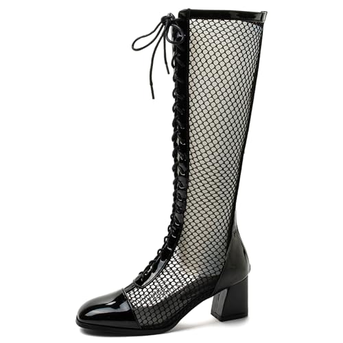 LarDorLin Damen Sommer Elegant Square Toe Mesh Stiefel Hochzeit Blockabsatz Mode Chelsea Zip Riding Booty Schwarz/Knee-5.5Cm Gr 48 EU (50 Cn) von LarDorLin
